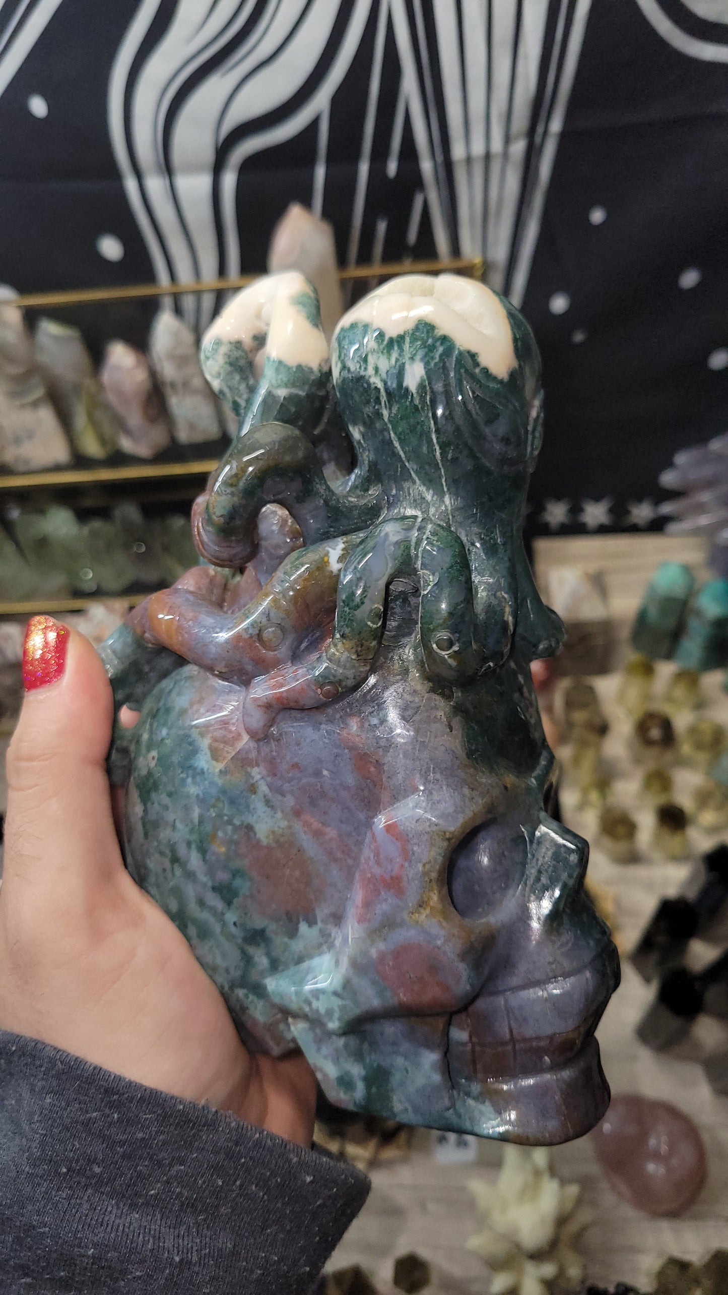 Jasper and moss agate octopus on skull