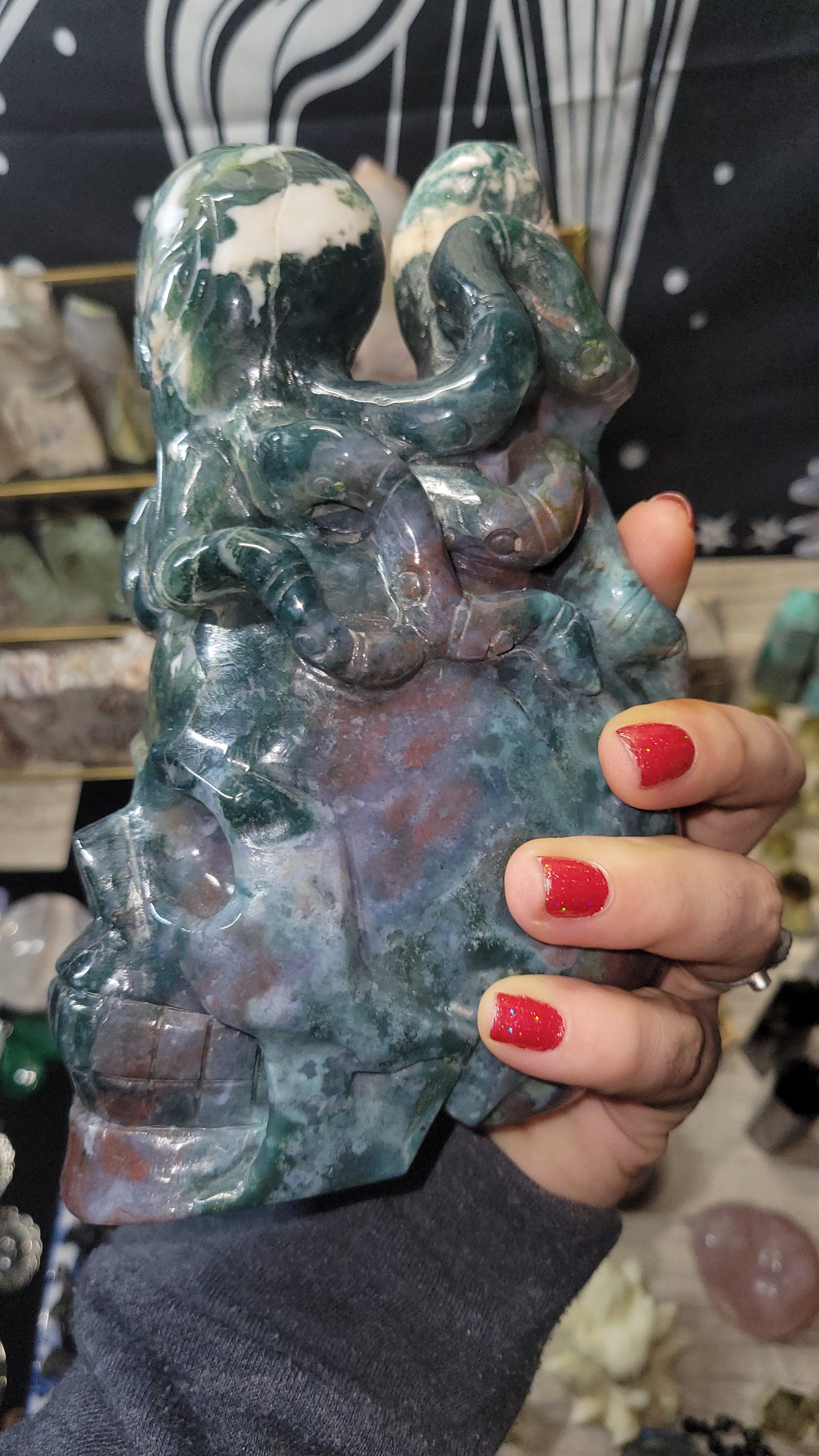 Jasper and moss agate octopus on skull