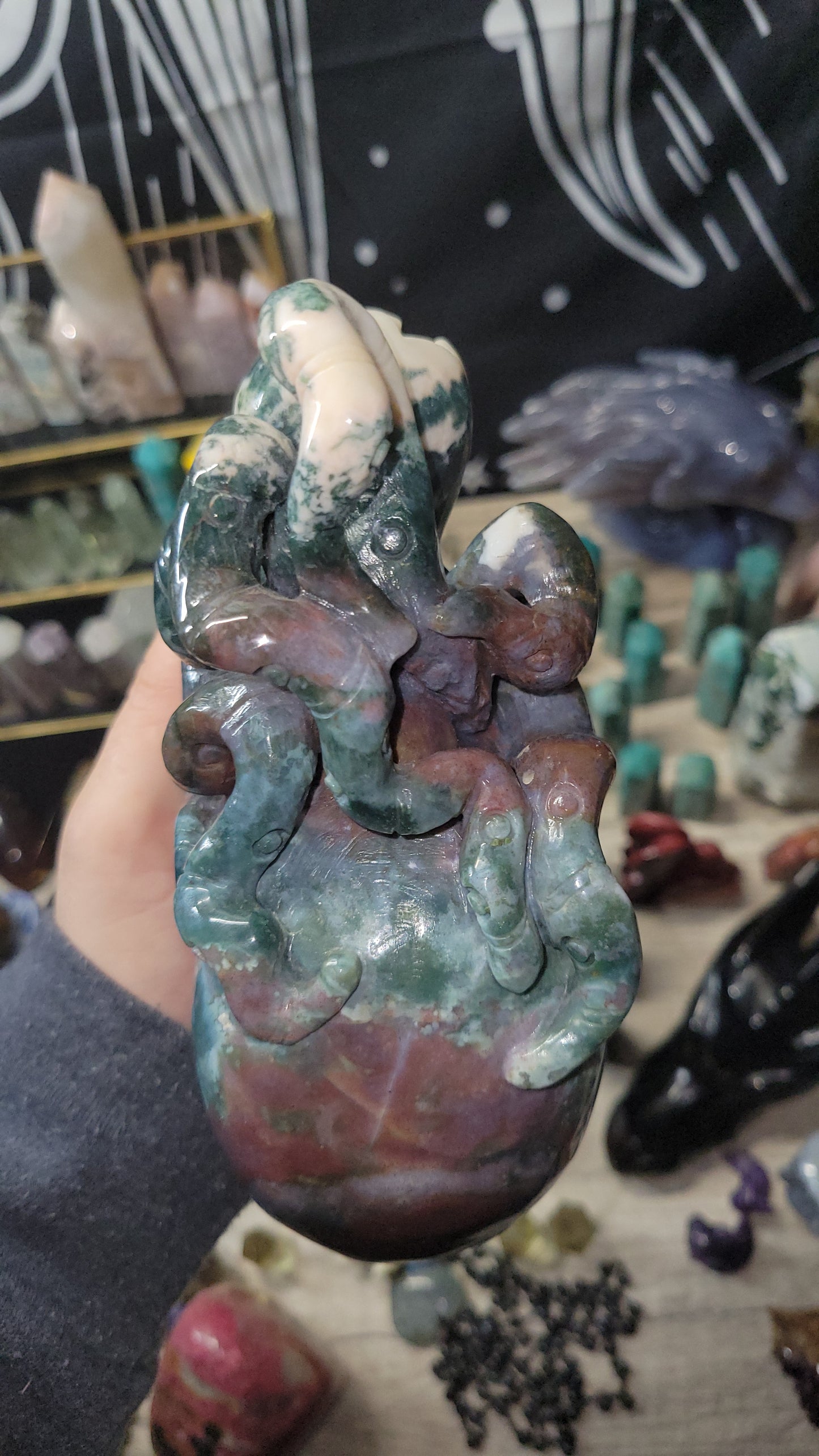 Jasper and moss agate octopus on skull
