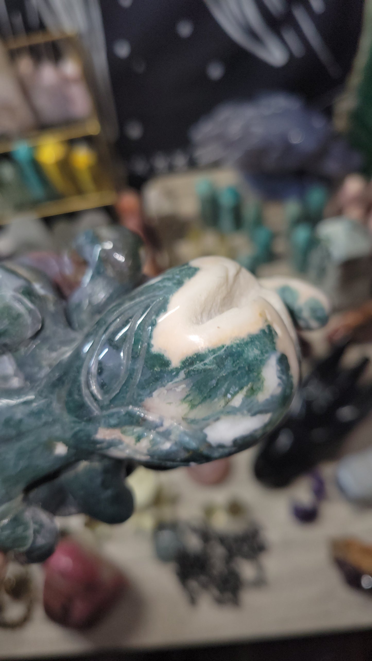 Jasper and moss agate octopus on skull