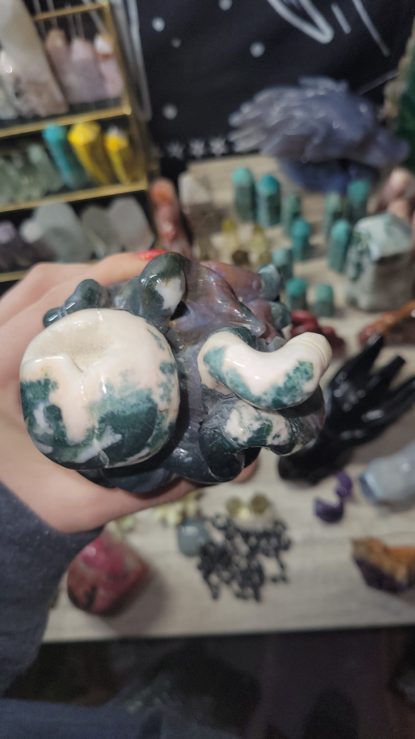 Jasper and moss agate octopus on skull