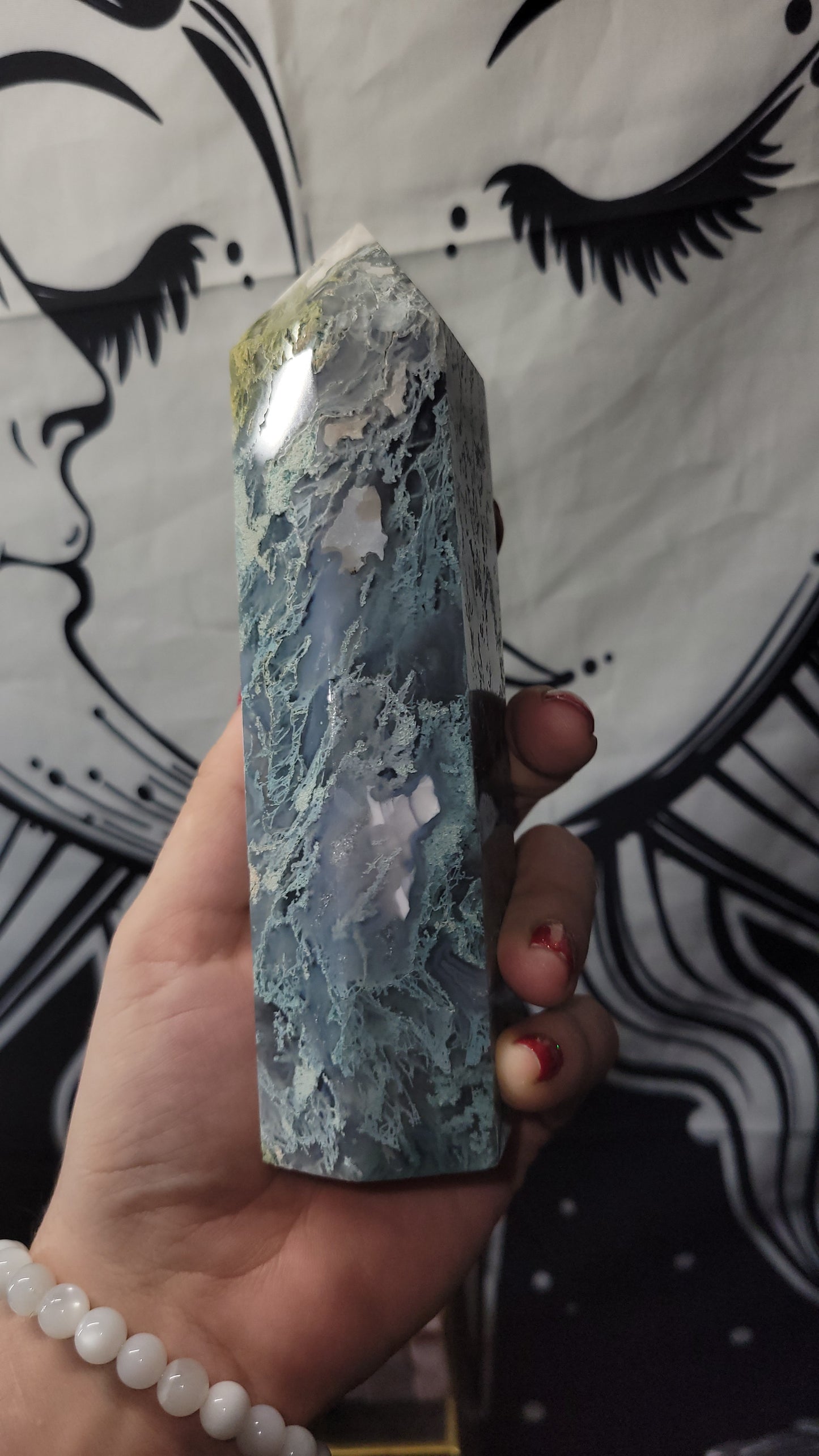 Beautiful Chalcedony moss agate tower crystal