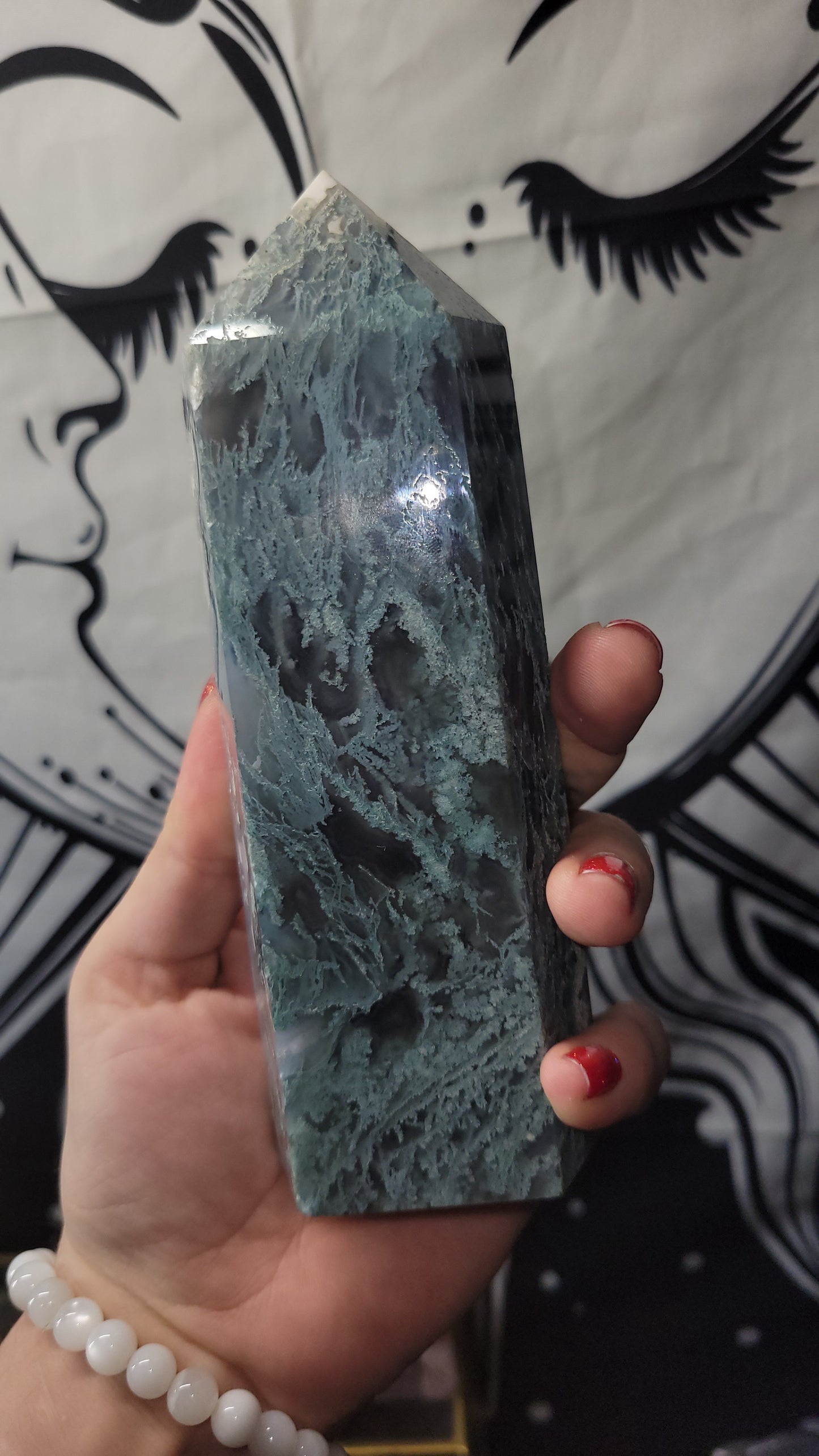 Beautiful Chalcedony moss agate tower crystal
