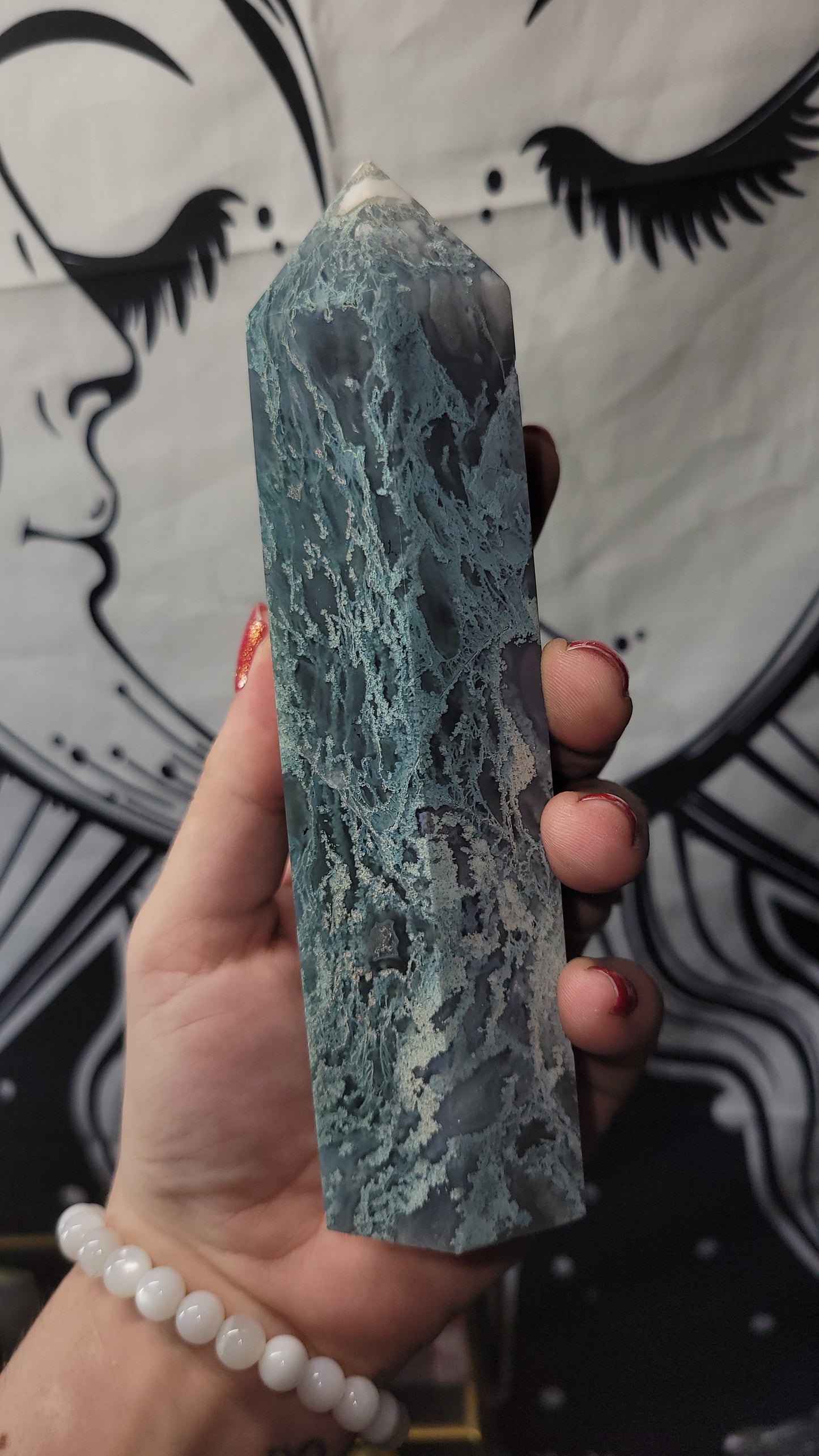 Beautiful Chalcedony moss agate tower crystal
