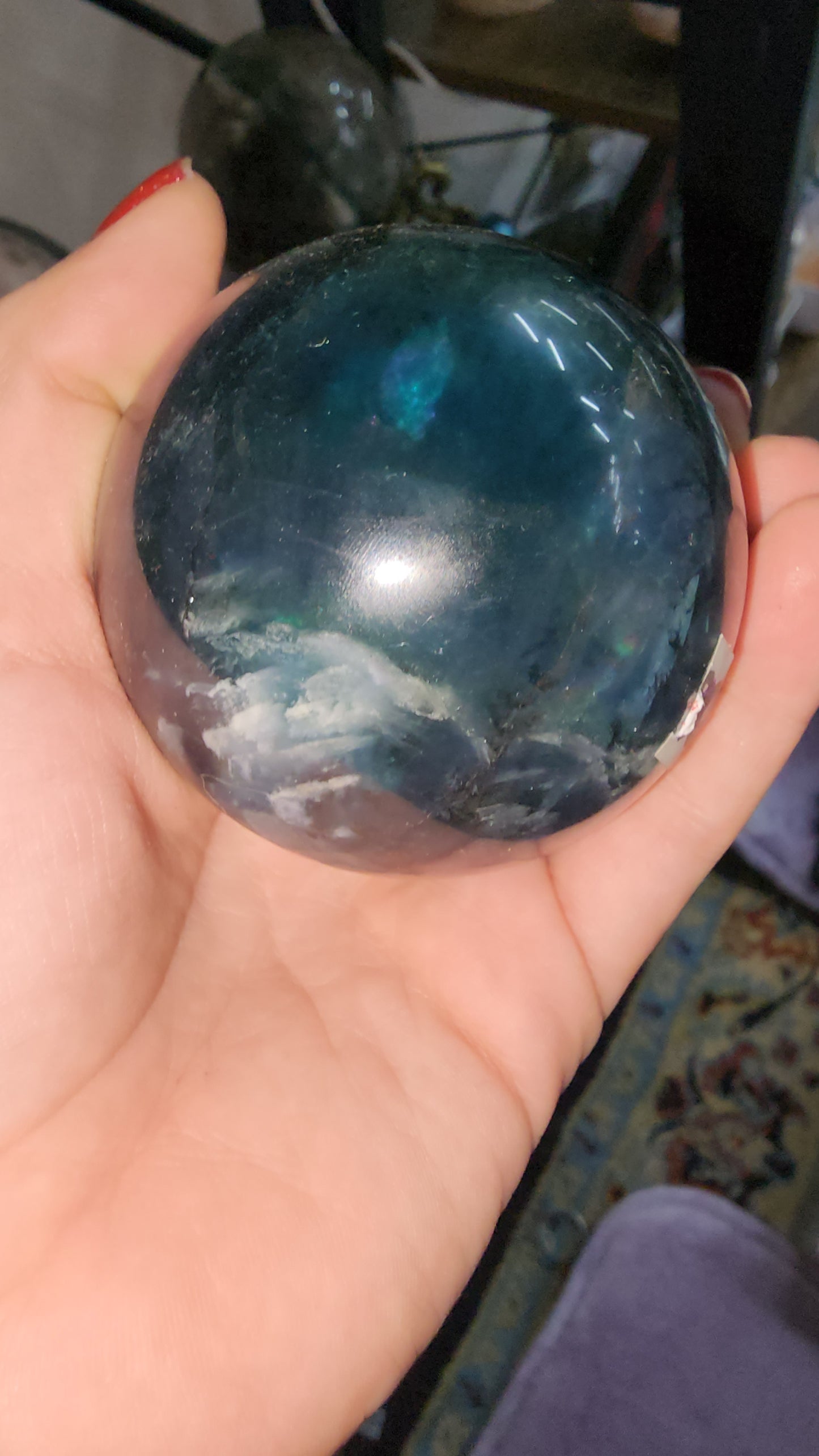 Z Blue fluorite crystal sphere many crazy rainbows + add on elephant+light