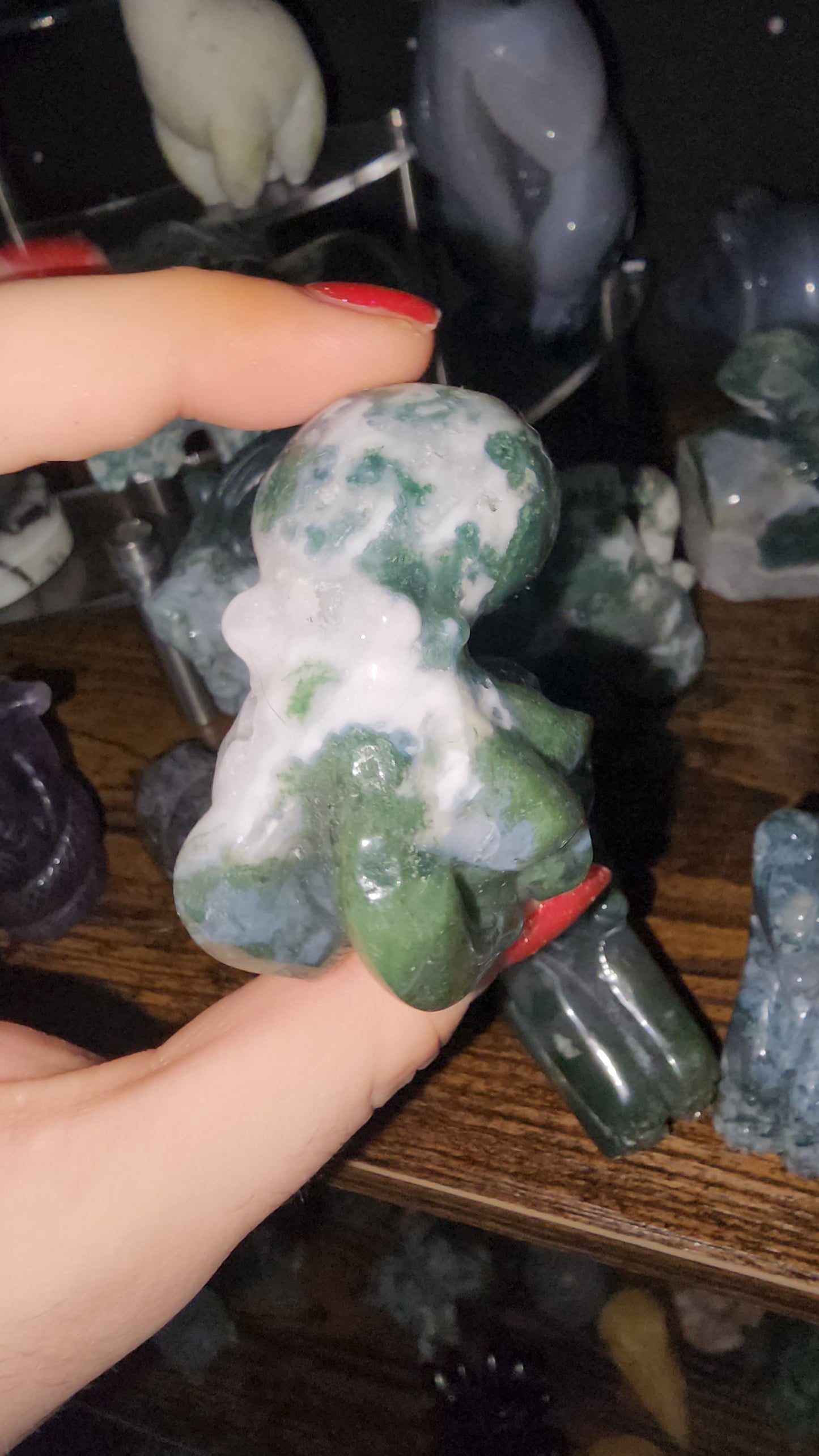 Moss agate octopus crystal carving with druzy