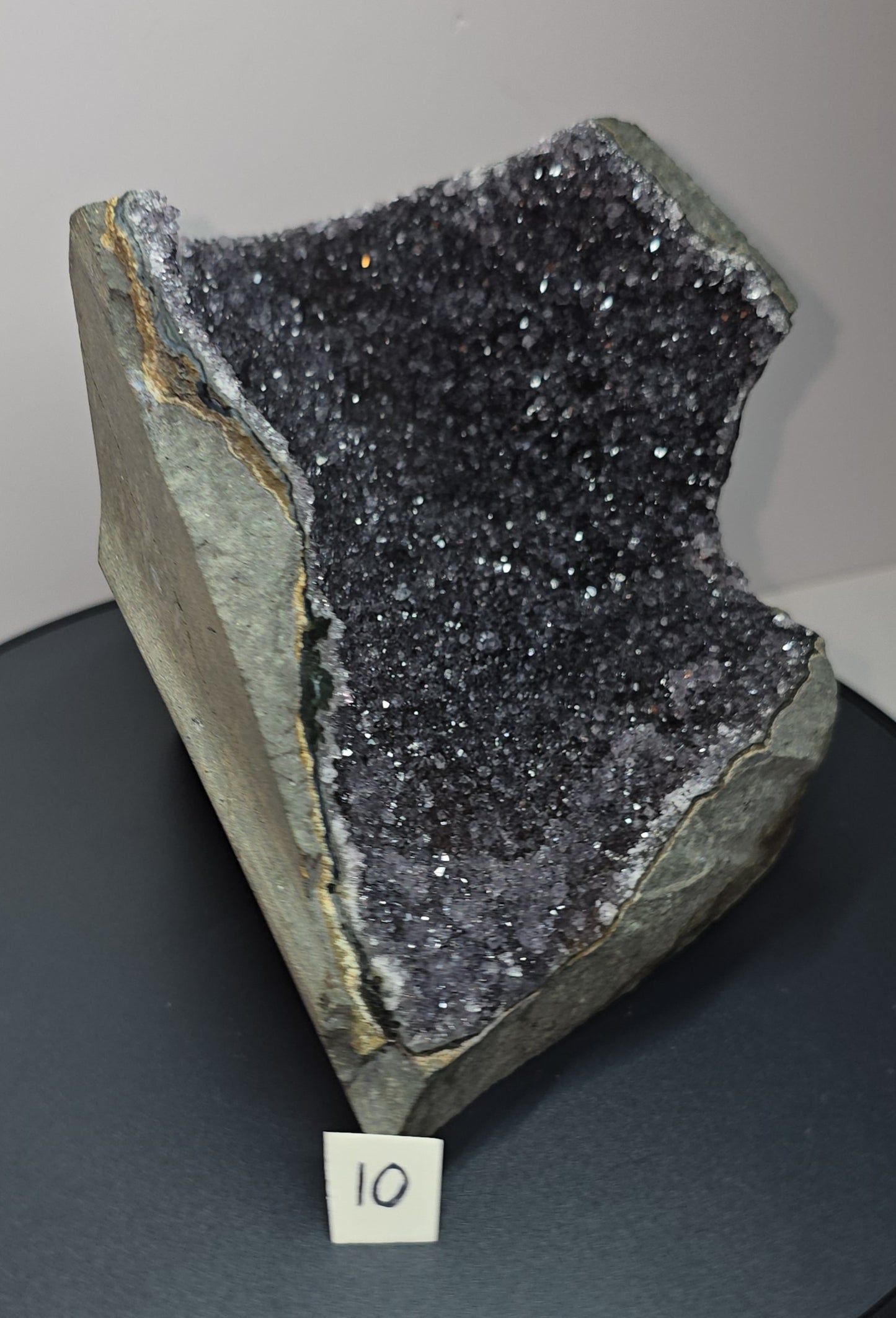 Black, dark purple, sparkling Amethyst cut base, Cathedral, Standing Geode from brazil