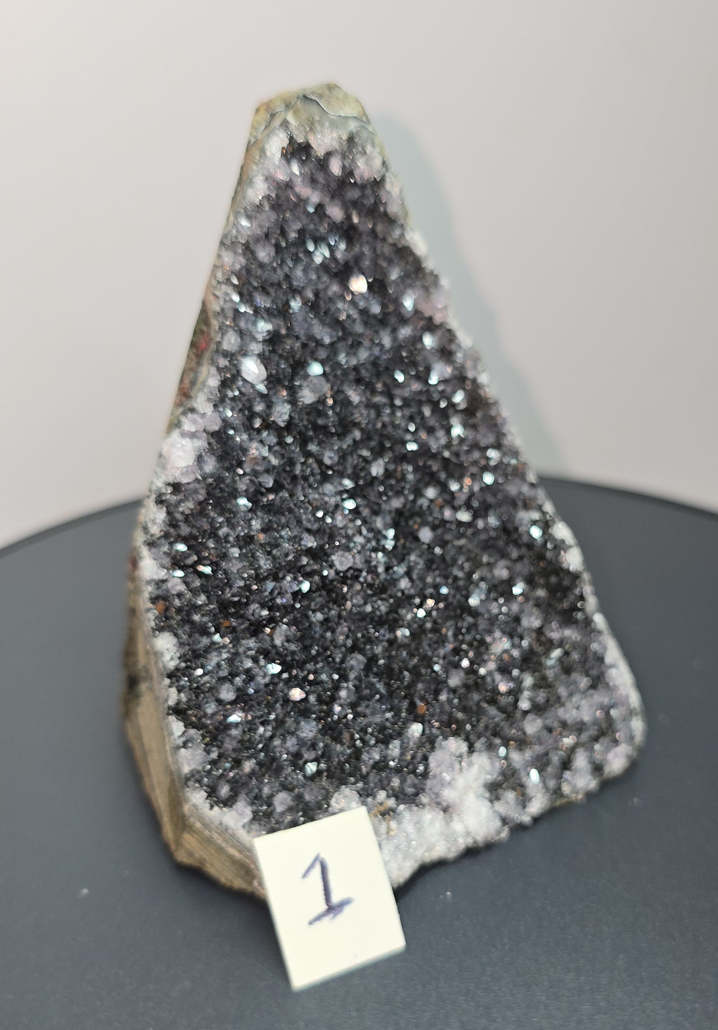 Black, dark purple, sparkling Amethyst cut base, Cathedral, Standing Geode from brazil