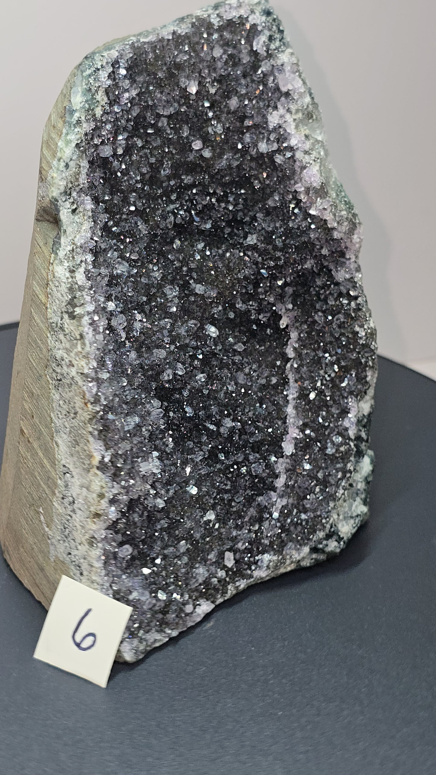 Black, dark purple, sparkling Amethyst cut base, Cathedral, Standing Geode from brazil