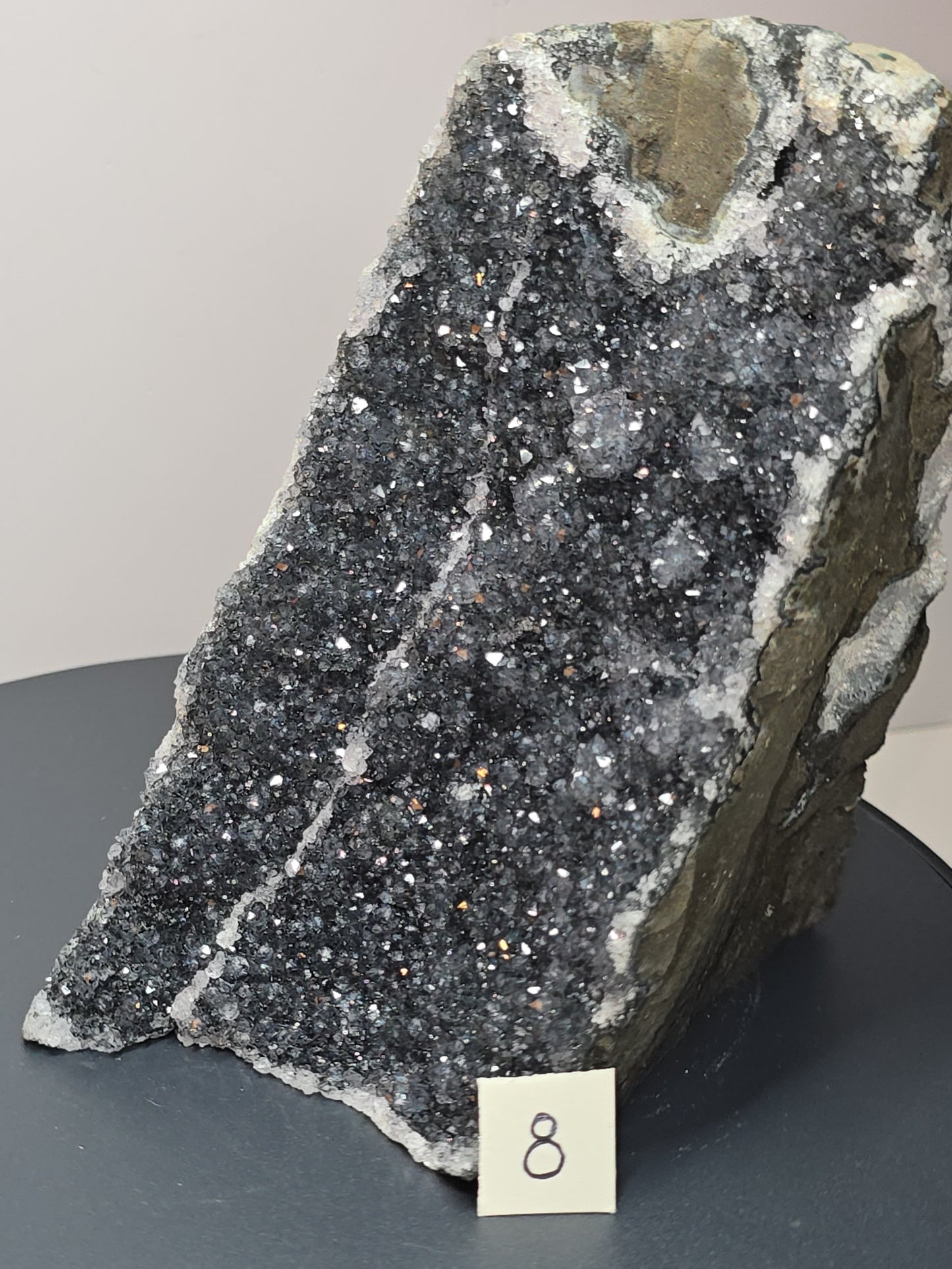 Black, dark purple, sparkling Amethyst cut base, Cathedral, Standing Geode from brazil