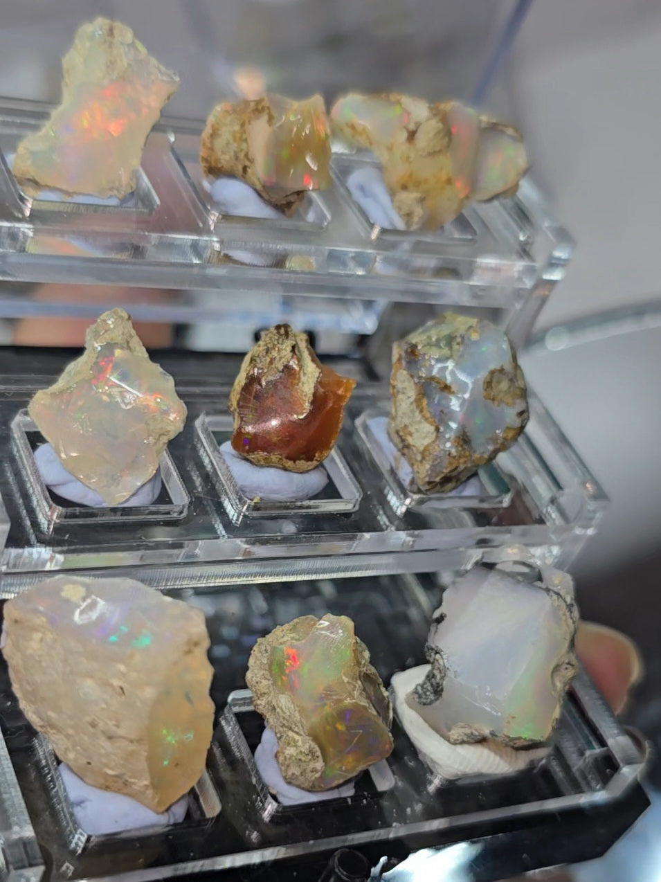 Raw Ethiopian Opals in 3 tiered display boxes