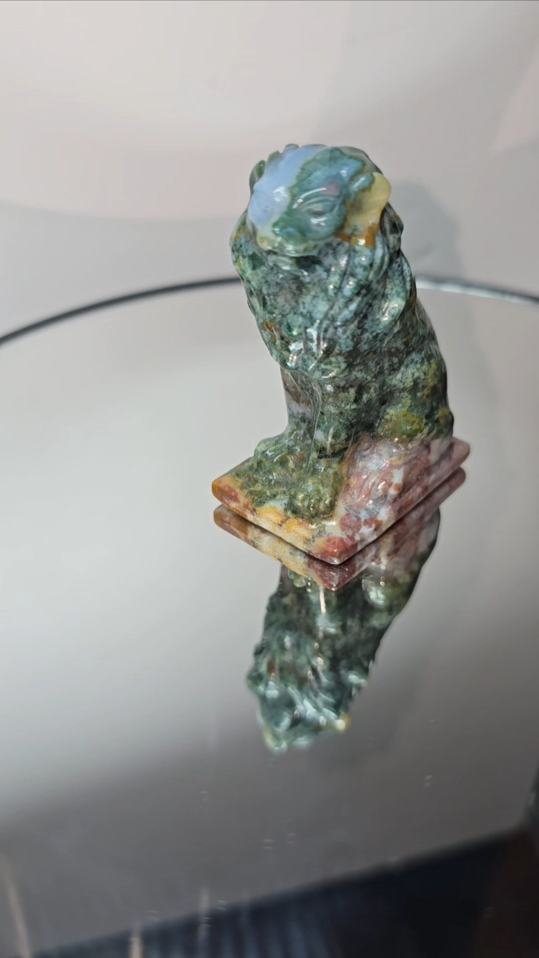 Moss agate lions crystal carvings