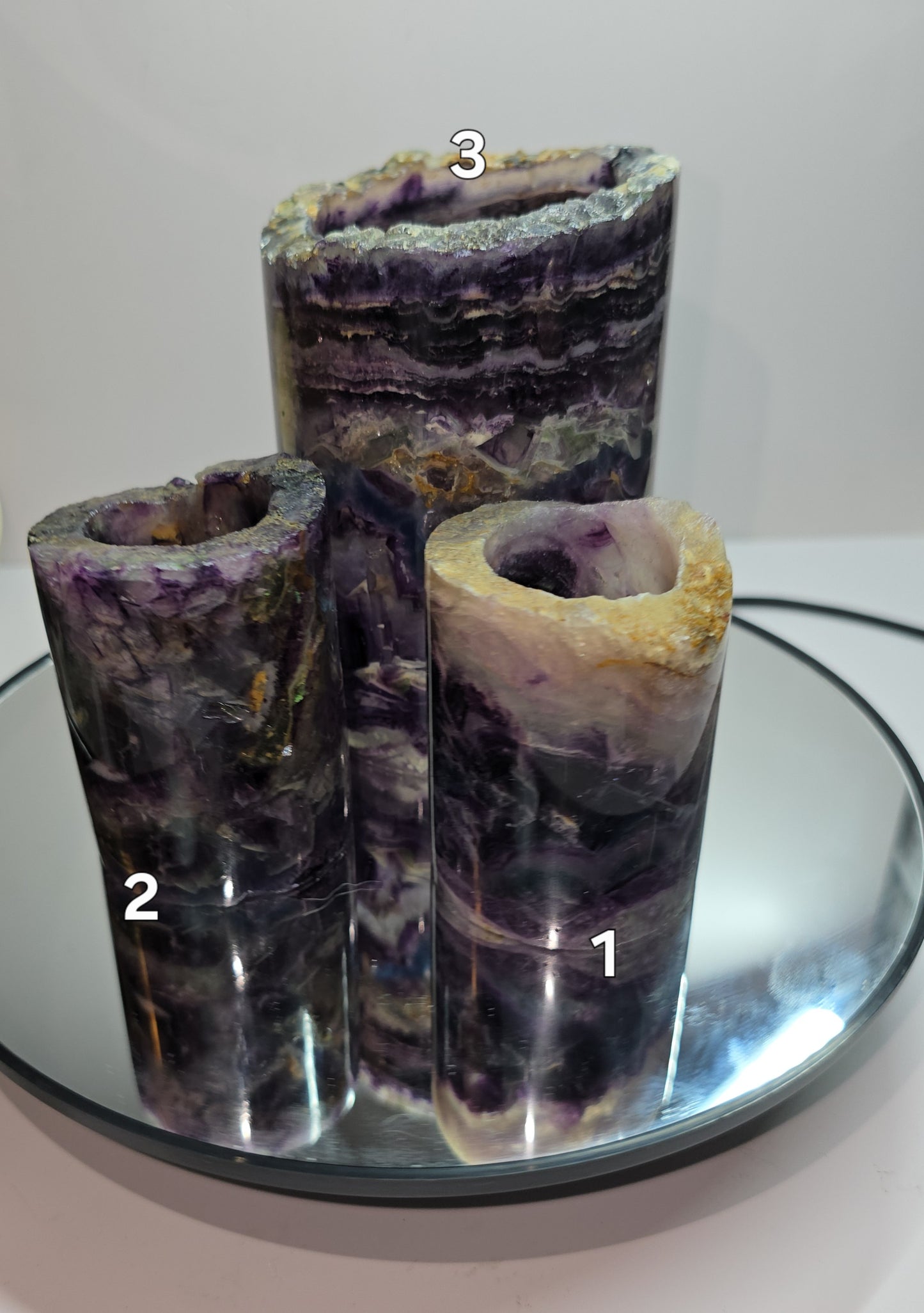 Fluorite polished barrels with light. Fluorite lamps