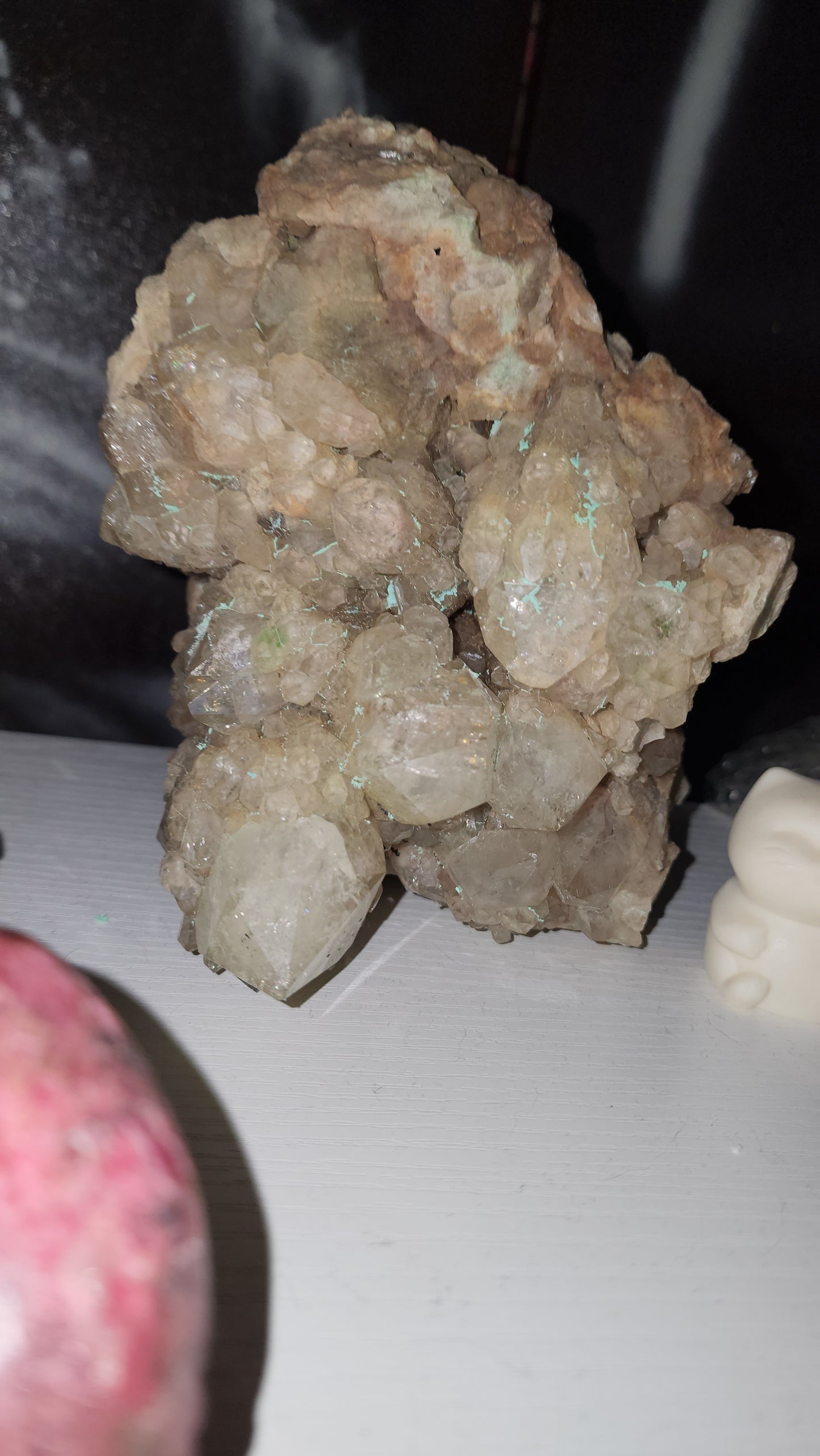 A weird oppsy smoky Phantom quartz with malachite