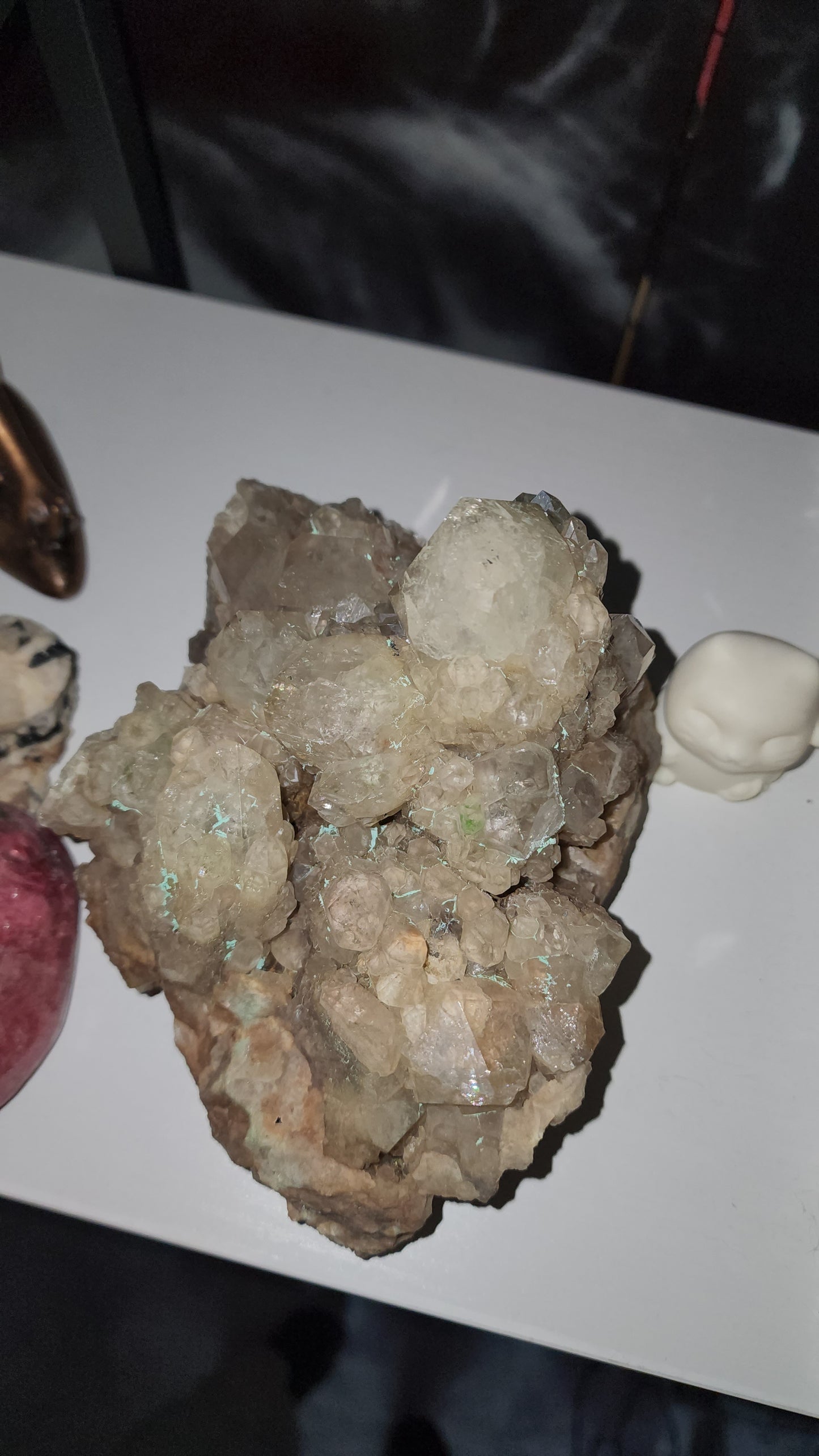A weird oppsy smoky Phantom quartz with malachite