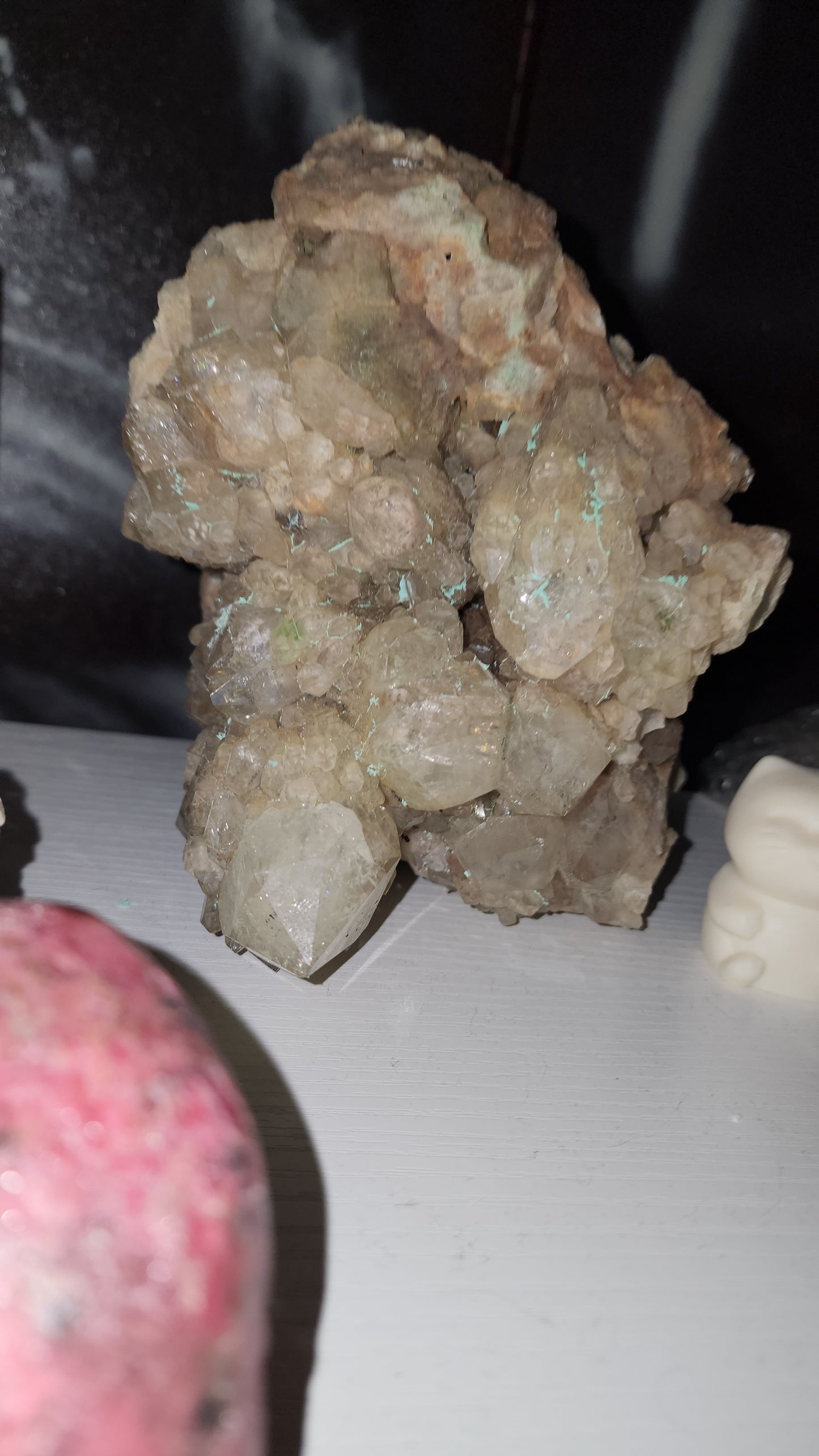 A weird oppsy smoky Phantom quartz with malachite