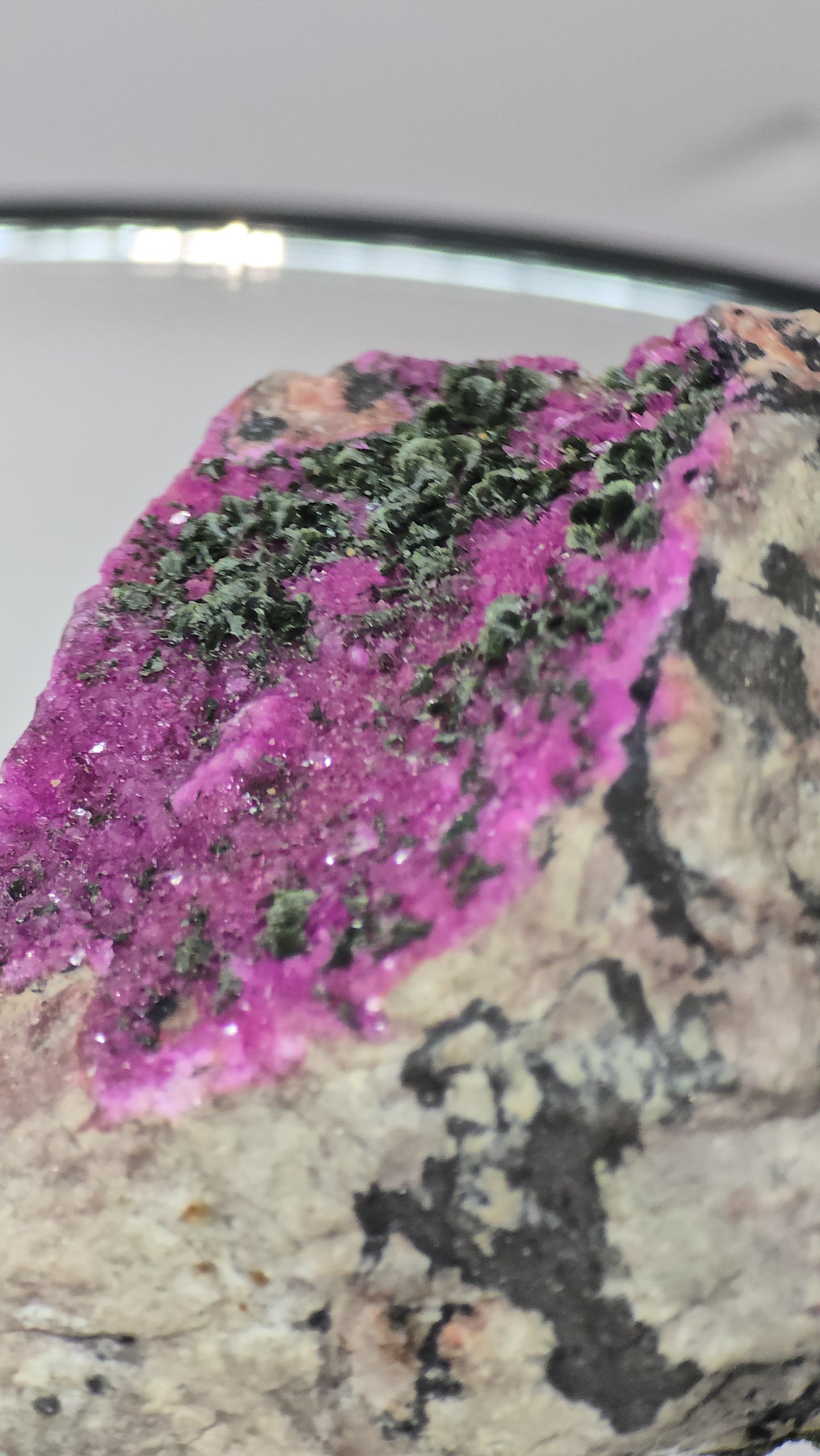Pink Salrose Cobaltion Dolomite Specimen, From Kakanda, Congo. With green velvet Malachite