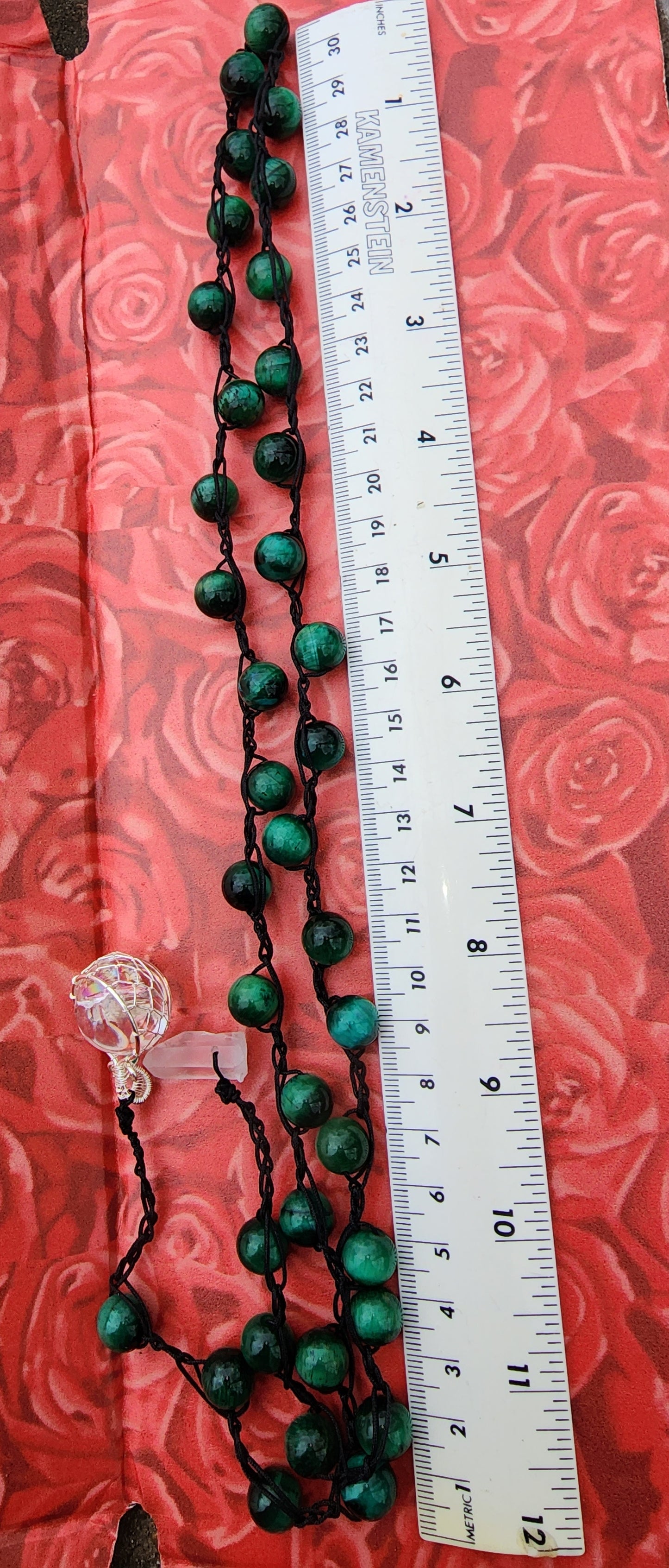 Green tiger's eye necklace boho wrap 32-33 inches