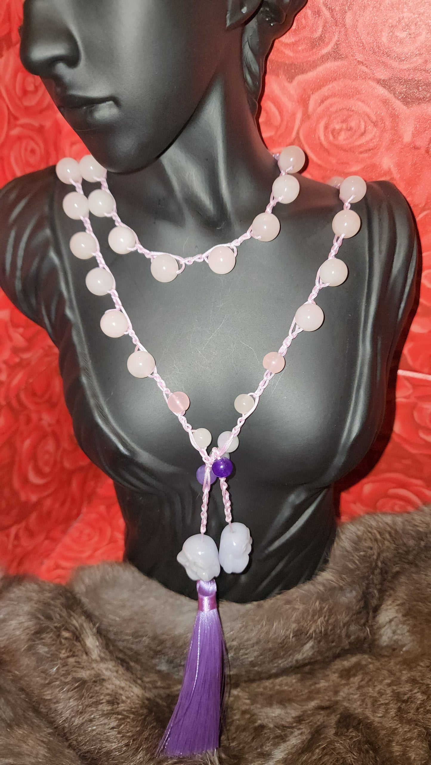 Rose quartz & lavender jade Buddha necklace boho wrap