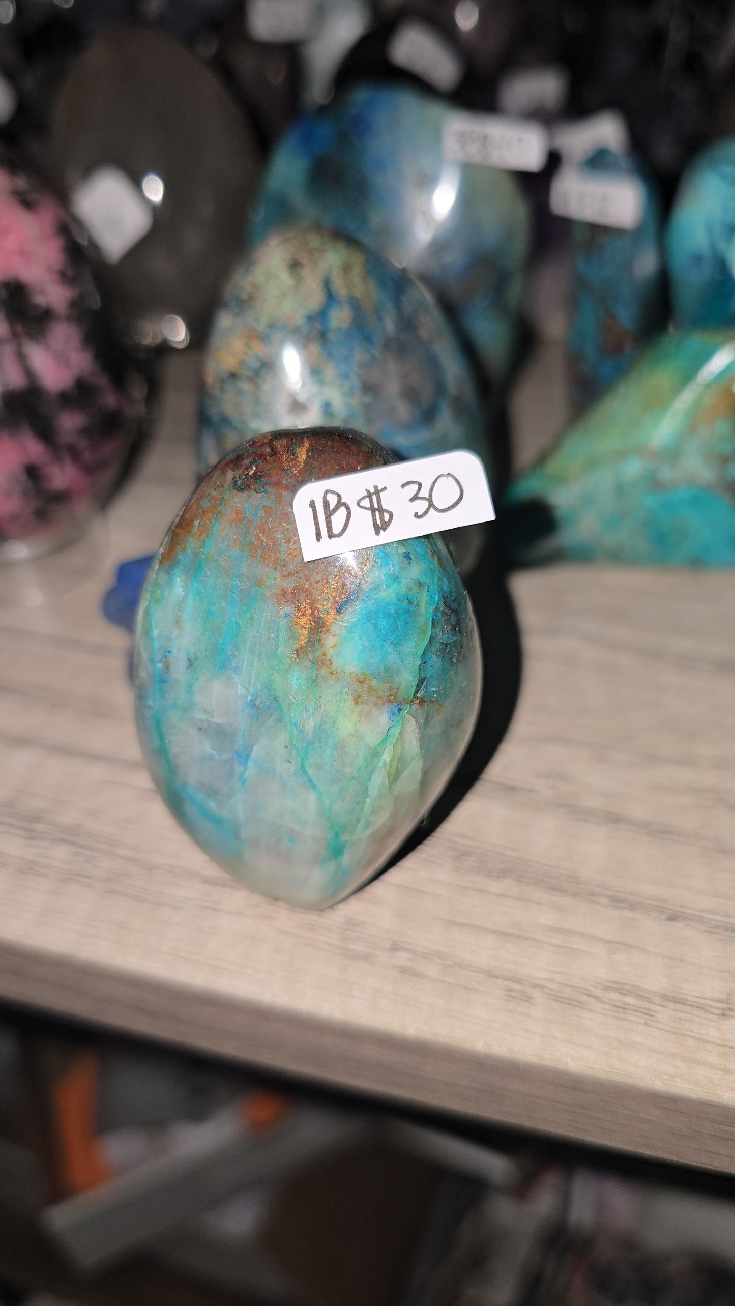 Mix of polished shattuckite freeforms (some with dioptase) from Kaokoveld, Namibia