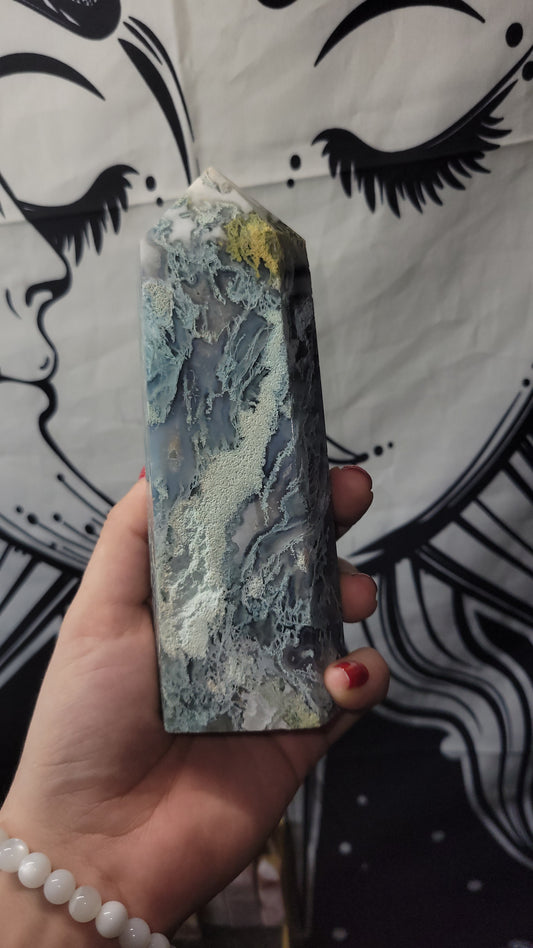 Beautiful Chalcedony moss agate tower crystal