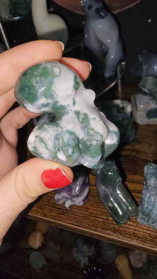 Moss agate octopus crystal carving with druzy