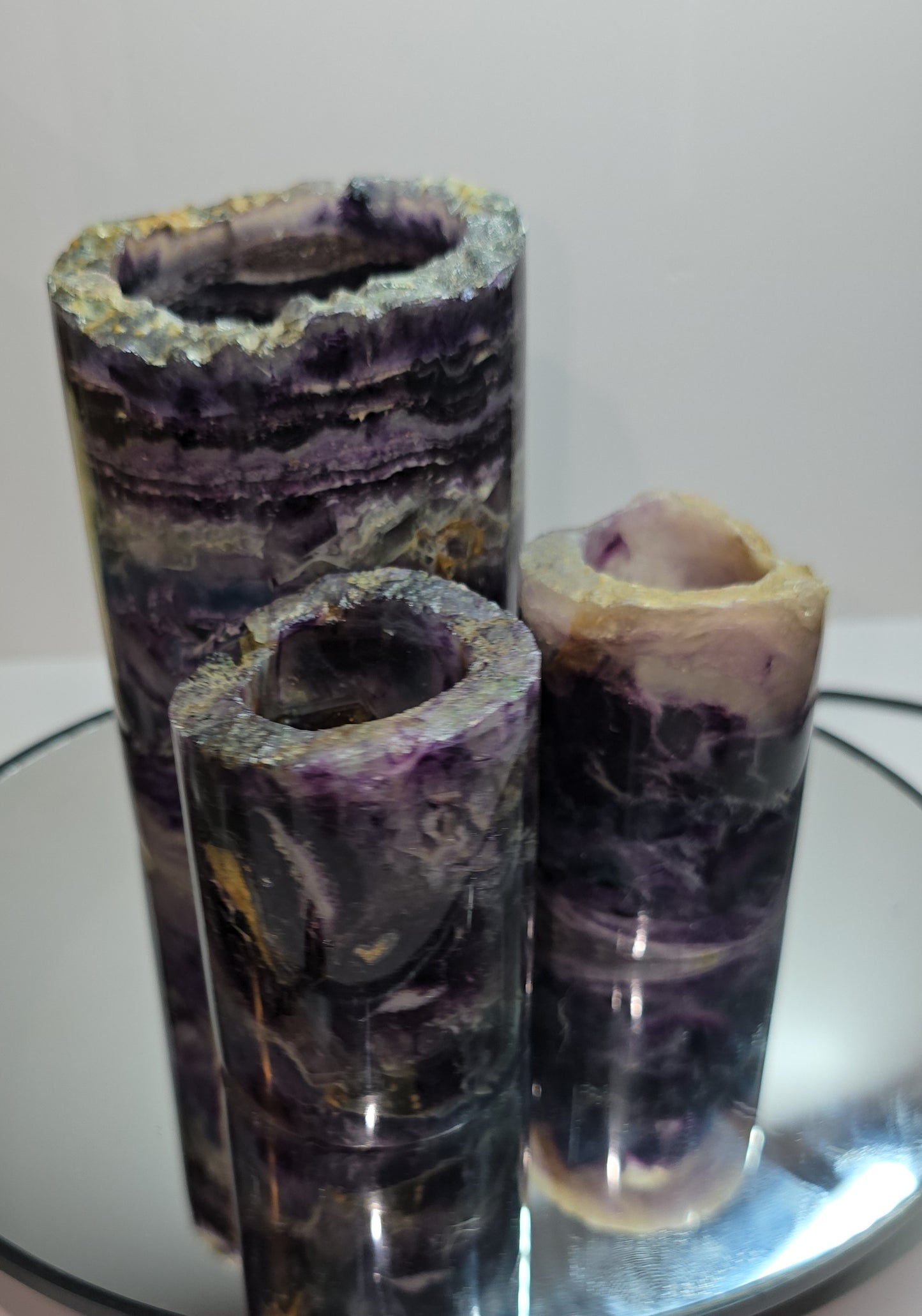 Fluorite polished barrels with light. Fluorite lamps