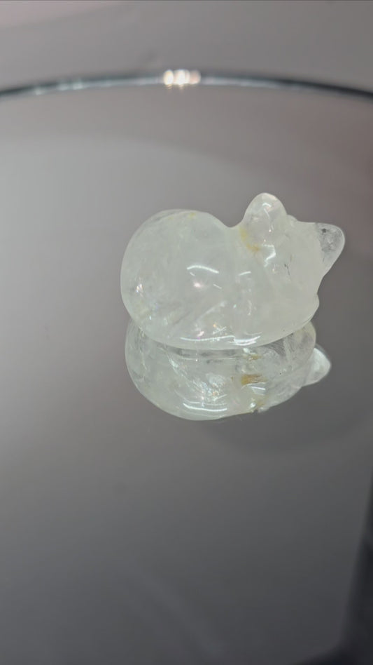 Small Clear Quartz sleeping crystal carving kitty / cat