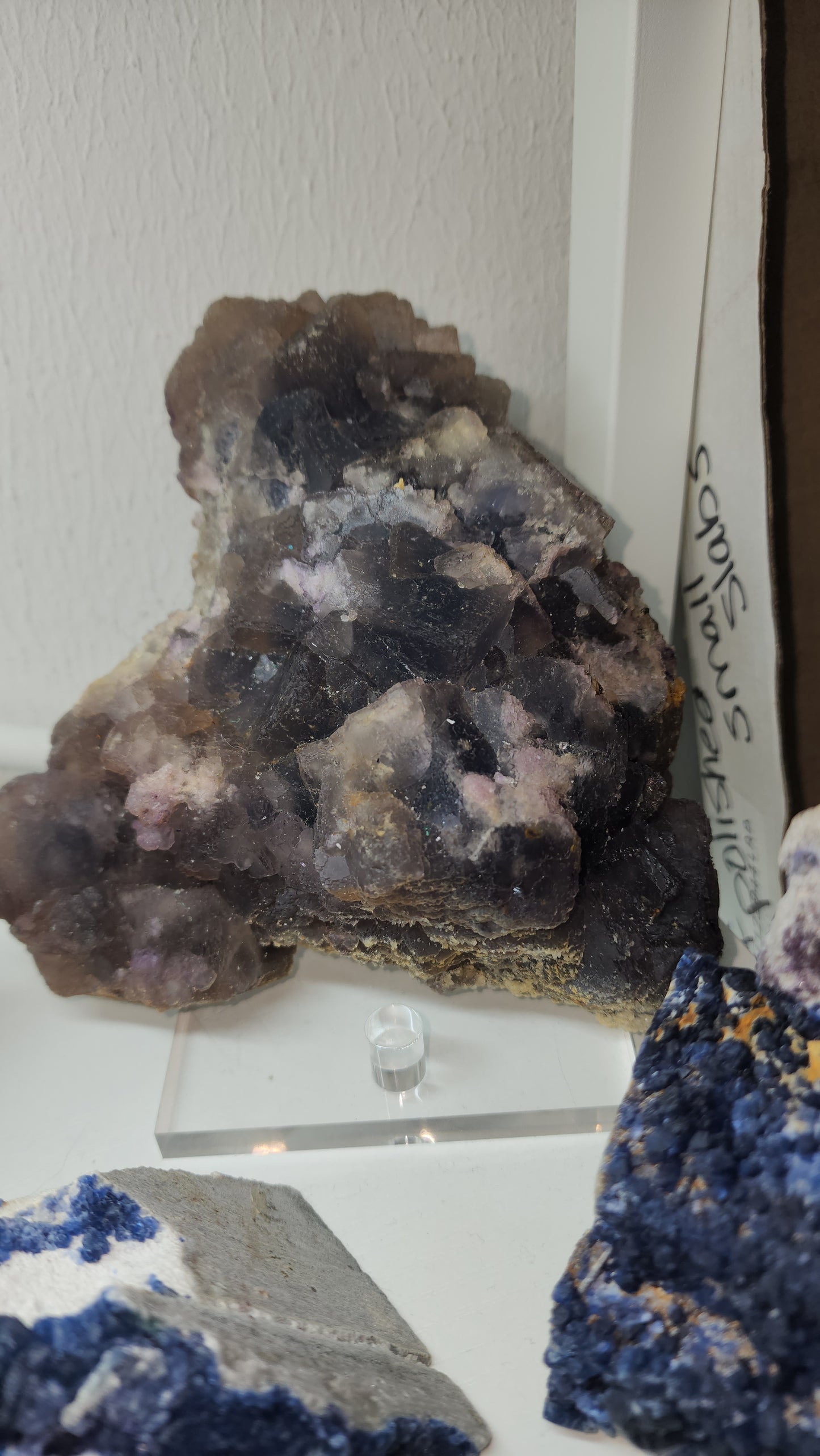 Purple and blue sugar cubed fluorite crystal w stand