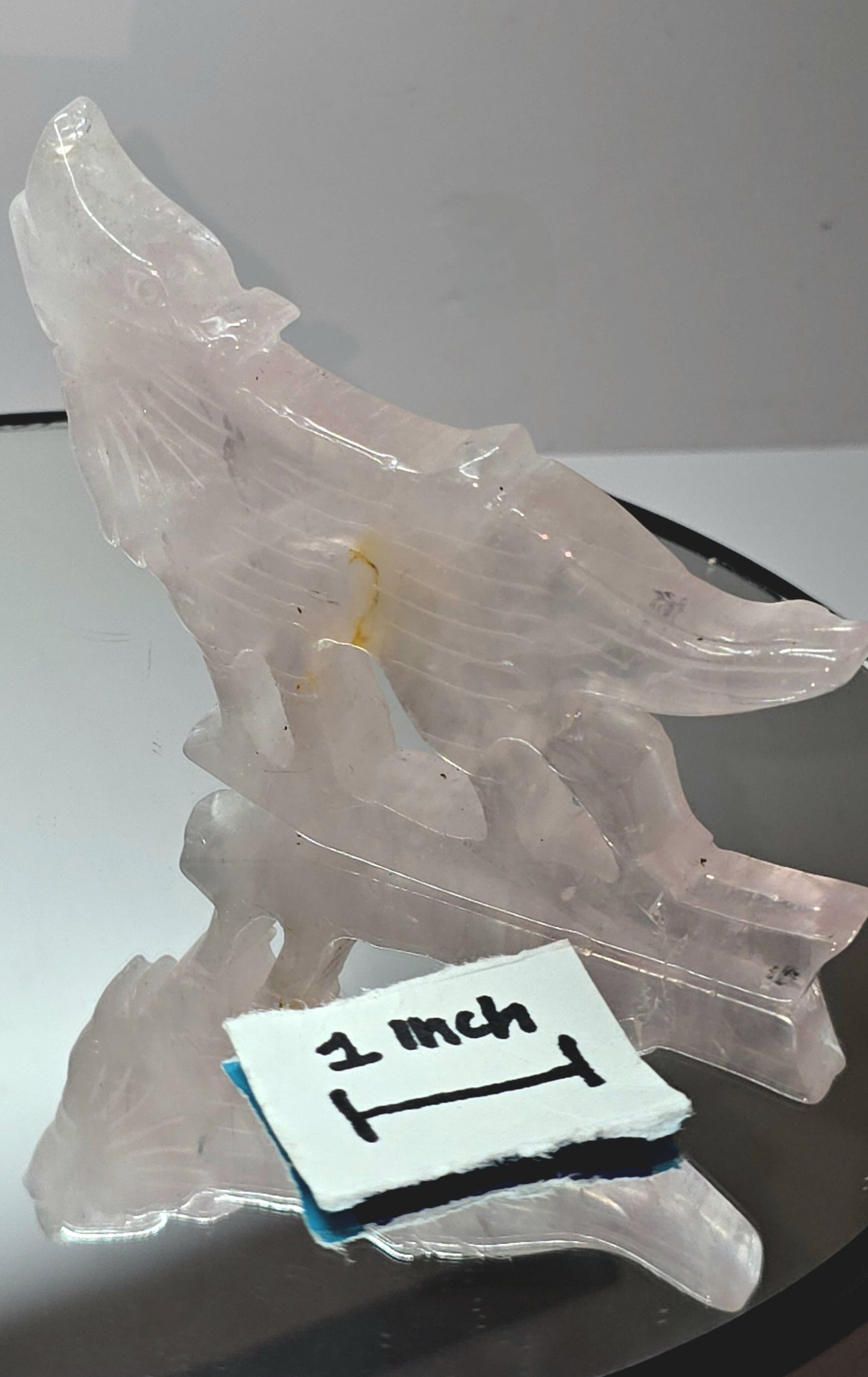 Flat standing rose quartz crystal howling wolf